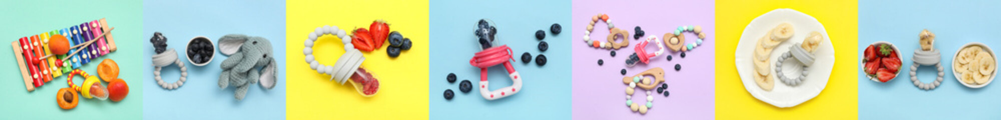 Set of baby nibblers with fresh fruits, berries and toys on color background, top view © Pixel-Shot