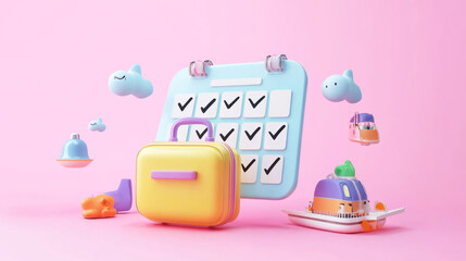 calendar with suitcase, sky train transport toy 3d, checkmark icons