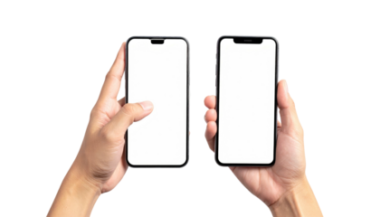 Two hands holding modern smartphones with blank white screens against a stark black background