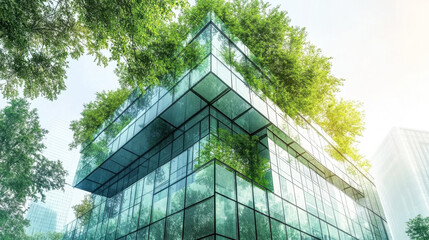 Sustainable glass office building with trees for reducing carbon dioxide