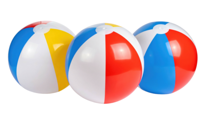 Three beach balls, red, yellow, blue and white striped, grouped on a black background, casting subtle shadows