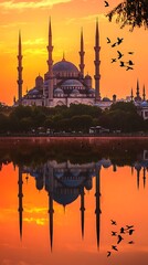 Fototapeta premium Silhouette of Mosque minarets and domes reflected in water during golden sunset sky