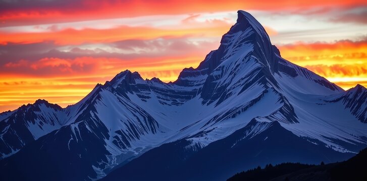 Majestic snow-capped mountain peak bathed in the warm glow of a vibrant sunset, summer, mountain