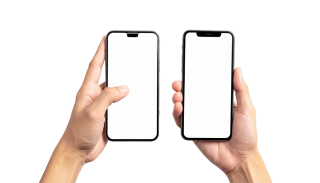 Two hands holding modern smartphones with blank white screens against a stark black background