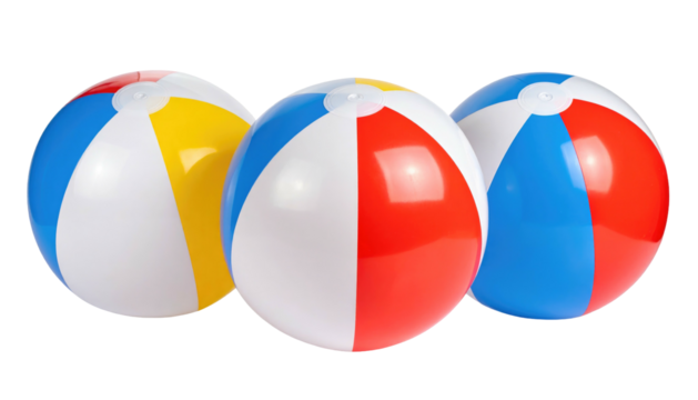 Three beach balls, red, yellow, blue and white striped, grouped on a black background, casting subtle shadows
