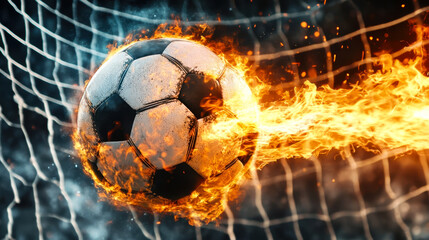 Fiery Soccer Ball In Goal With Net In Flames