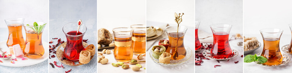 Collage of traditional Turkish tea on light background