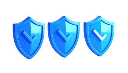 Three glossy blue shields, each with a checkmark, aligned against a black background in a neat row