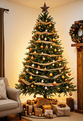 Rustic Christmas tree featuring handmade wooden ornaments, burlap ribbons, and warm amber lights