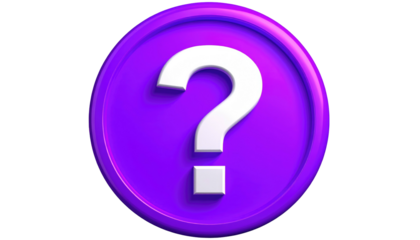 Bright purple disc with a large white question mark symbol, isolated on a dark background. 3D render