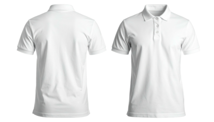 White, short-sleeve polo shirt shown from the front and back view, against a transparent background