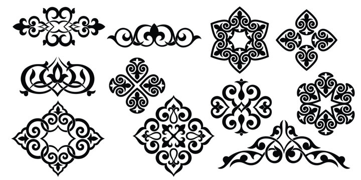 Set of Uzbek, Kazakh ornamental elements, national ornament, Islamic pattern, isolated on a white background, vector design