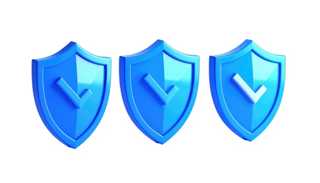 Three glossy blue shields, each with a checkmark, aligned against a black background in a neat row