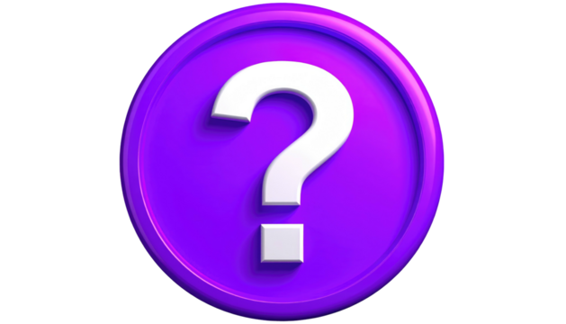 Bright purple disc with a large white question mark symbol, isolated on a dark background. 3D render