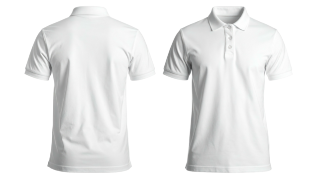 White, short-sleeve polo shirt shown from the front and back view, against a transparent background