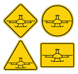 Warning Signs Featuring Aerial Drone Icons in Various Shapes and Colors