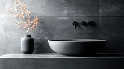 ceramic vessel sink and wall mounted black faucet on mock up concrete wall with copy space
