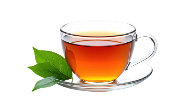 Clear cup of tea on a saucer with three green leaves, isolated against a black background