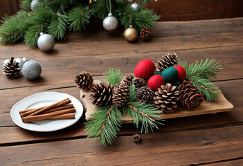 Rustic wooden table with handmade felt Christmas decorations, pine cones, and cinnamon sticks