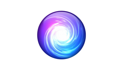 Orb of swirling light, blue and violet with bright center, glows on black background