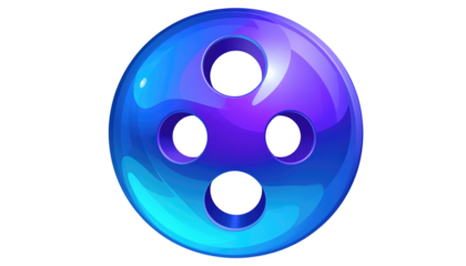 Luminous blue orb with four centered holes, reflecting light with purple gradients, set on a black background