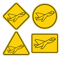 Yellow Airplane Symbols in Various Geometric Shapes for Travel Themes
