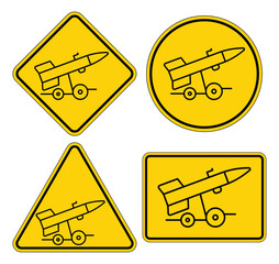 Yellow Warning Icons Featuring Military Missile Artwork for Safety Alerts