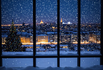 Christmas lights reflected in a snow-covered window, blurred city lights in distance