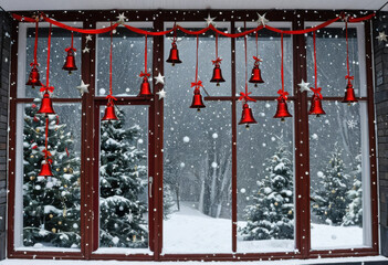 Festive window display with hanging stars, bells, and red ribbons against snowy backdrop