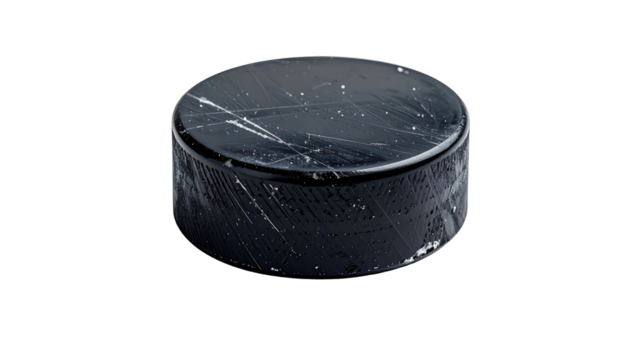 Scratched black rubber hockey puck, angled perspective, isolated on a plain black backdrop. Lighting brings out surface texture