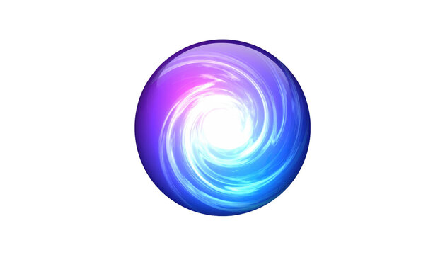 Orb of swirling light, blue and violet with bright center, glows on black background
