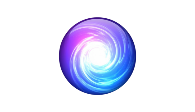 Orb of swirling light, blue and violet with bright center, glows on black background