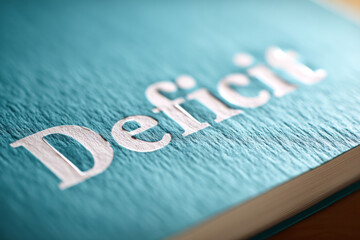 Obraz premium Close-up of the word “Deficit” printed on textured paper, symbolizing financial imbalance and economic shortfall.