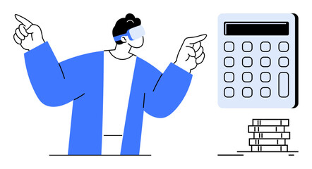 Man wearing VR headset pointing at a digital calculator with stacked coins representing technology in finance, innovation, virtual planning, education, budgeting, data, and growth. Simple flat