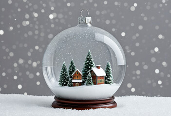Christmas ornament with a tiny winter landscape inside a glass globe, snow falling