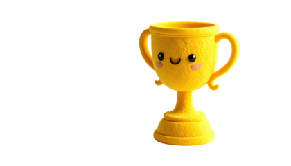 Yellow, textured trophy with a cute, smiling face against a black background. Playful, cartoonish style