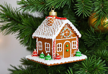 Gingerbread house with icing details, Christmas ornament, macro view