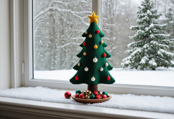 Hand-stitched felt Christmas tree with tiny ornaments, on a windowsill with snow outside