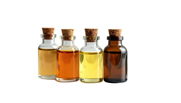 Four small bottles filled with various colored liquids, corked, arranged against a black background