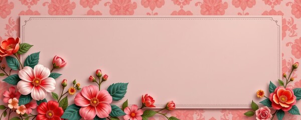 Muted pink vintage retro scrapbooked paper with charming floral bouquets, nostalgic design, aged, paper