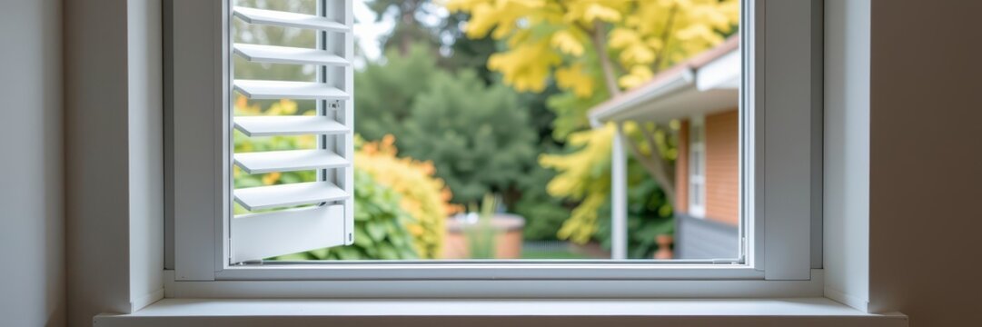 PVC window with integrated adjustable louvers for light and ventilation control, building, shade, modern