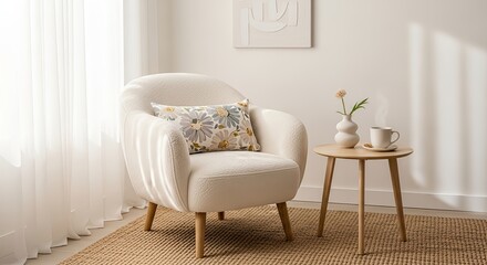 Luxury modern living room interior design with comfortable armchair, sofa, and floor lamp