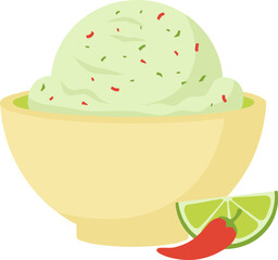 Flat Design Guacamole Bowl with Lime and Pepper Illustration Food