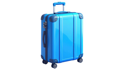 A bright blue, upright suitcase with a retractable handle and four wheels on a black background