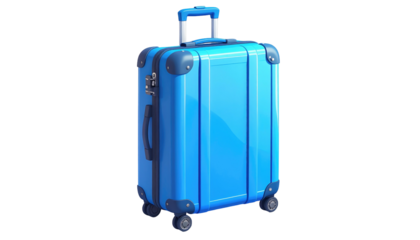 A bright blue, upright suitcase with a retractable handle and four wheels on a black background