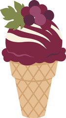 Flat Design Delicious Grape Ice Cream Cone With Leaf Illustration