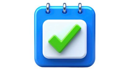A glossy, rounded, blue calendar icon with a green checkmark against a white page, hung on metal rings