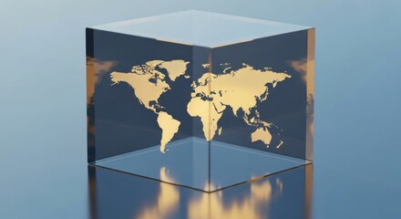 Golden world map inside a transparent cube on reflective surface