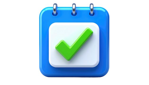 A glossy, rounded, blue calendar icon with a green checkmark against a white page, hung on metal rings