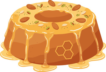 Decorative Round Honey Cake with Dripping Syrup and Almonds Pastry